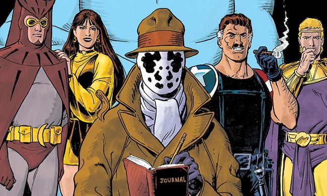 The main characters from Watchmen in a panel from the graphic novel.