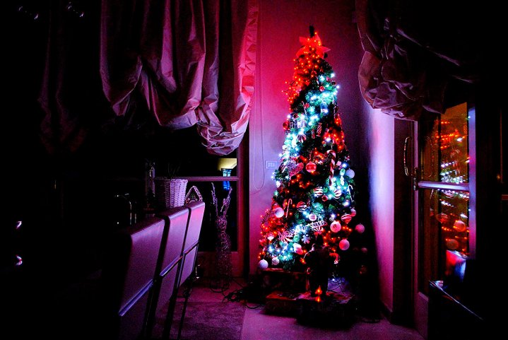 Luci scintillanti e intelligenti installate intorno all'albero di Natale.