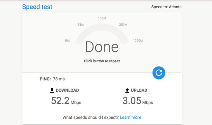 Google Fiber Speedtest screenshot showing its test results page after completing an internet speed test.
