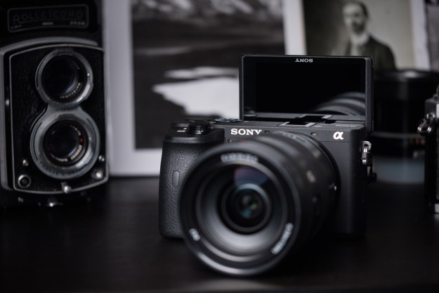 Sony A6600 front with flip screen raised in selfie position