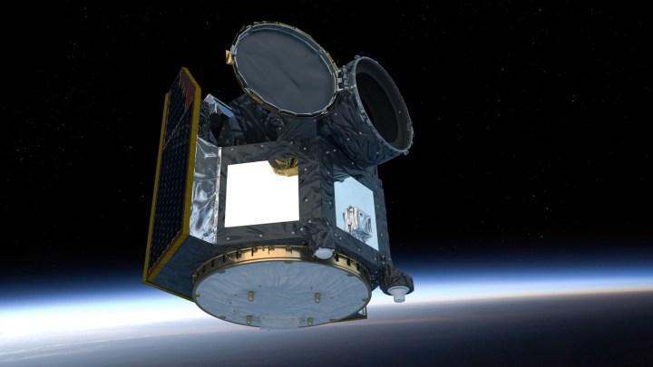 Impresión artística de Cheops, el satélite de caracterización de exoplanetas de la ESA, en órbita sobre la Tierra.