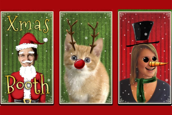 Christmas Booth: Photo Fun app with dressed up people and kitten.