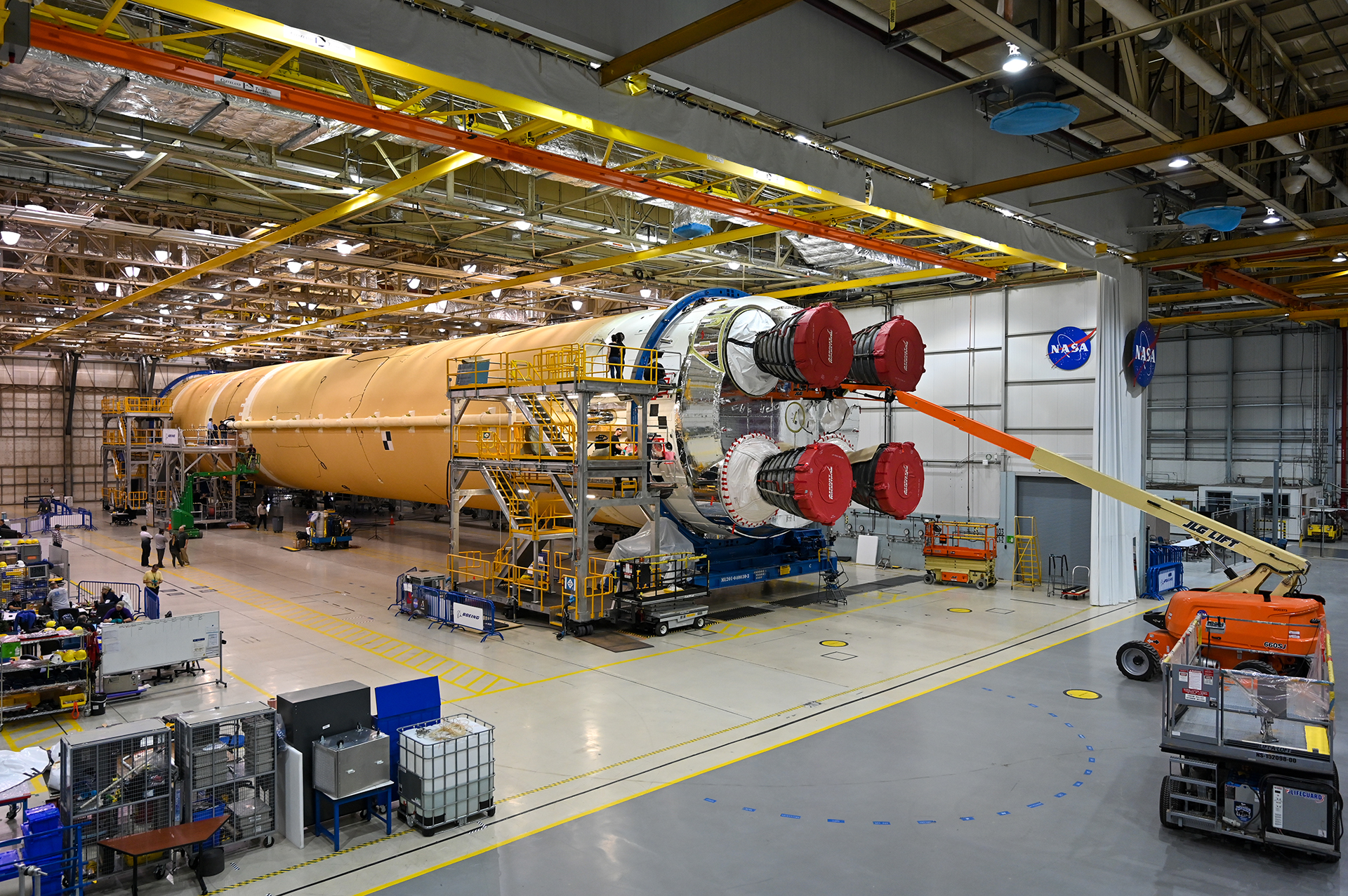 The Space Launch System (SLS) rocket core stage is prepared for shipping.
