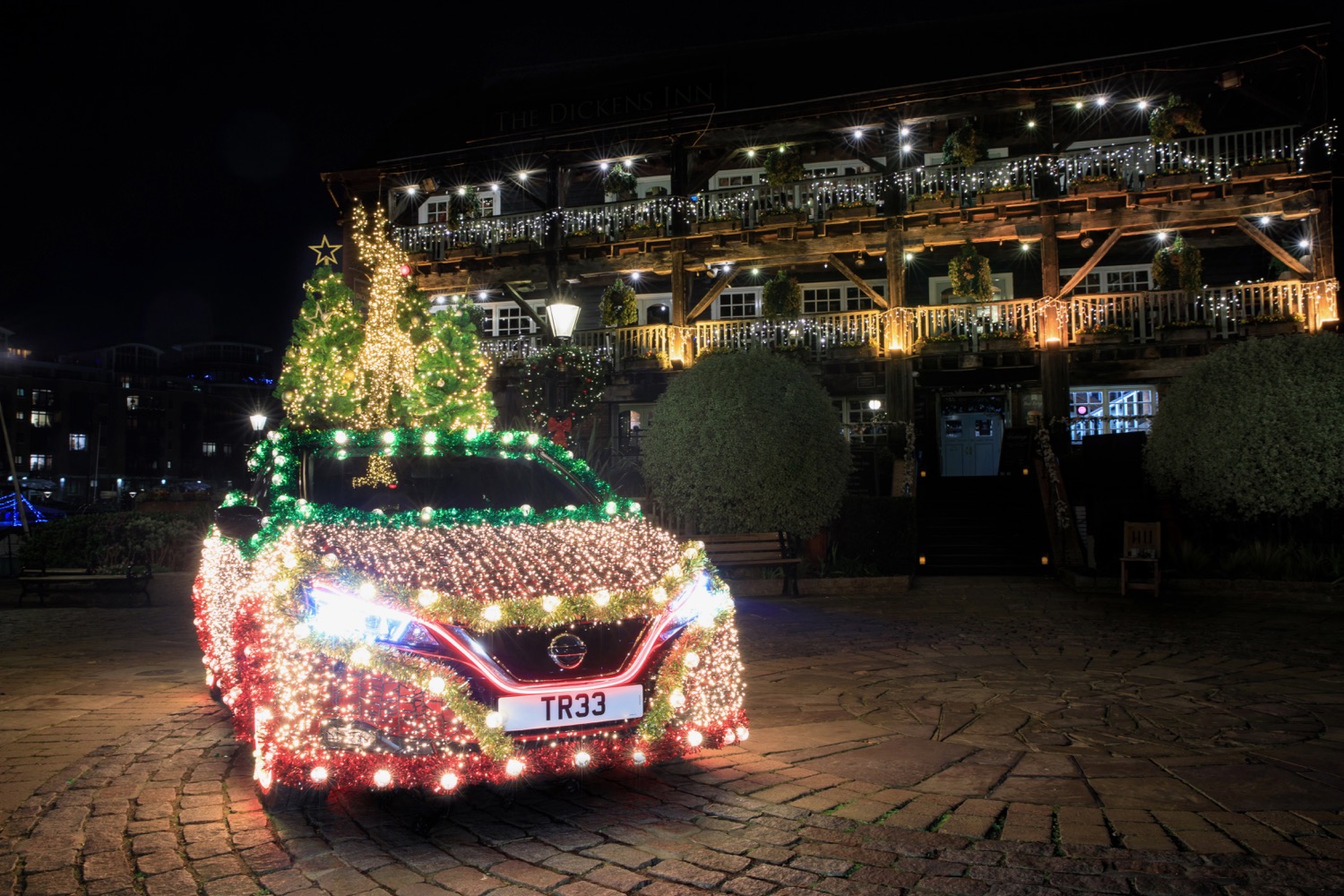 nissan leaf electric car turned into mobile christmas tree