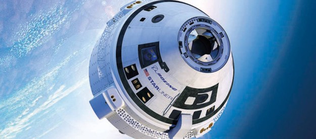 A graphic rendering of the Boeing Starliner orbiting Earth.