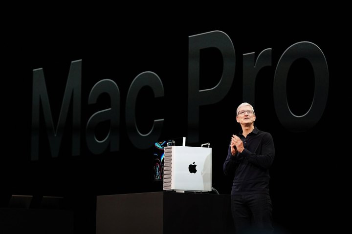 Tim Cook presenting the Mac Pro on stage at WWDC in 2019.