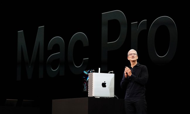 Tim Cook presenting the Mac Pro on stage at WWDC in 2019.