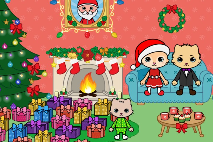 Yasa Pets Christmas app with puss family at the Xmas tree and fireplace.