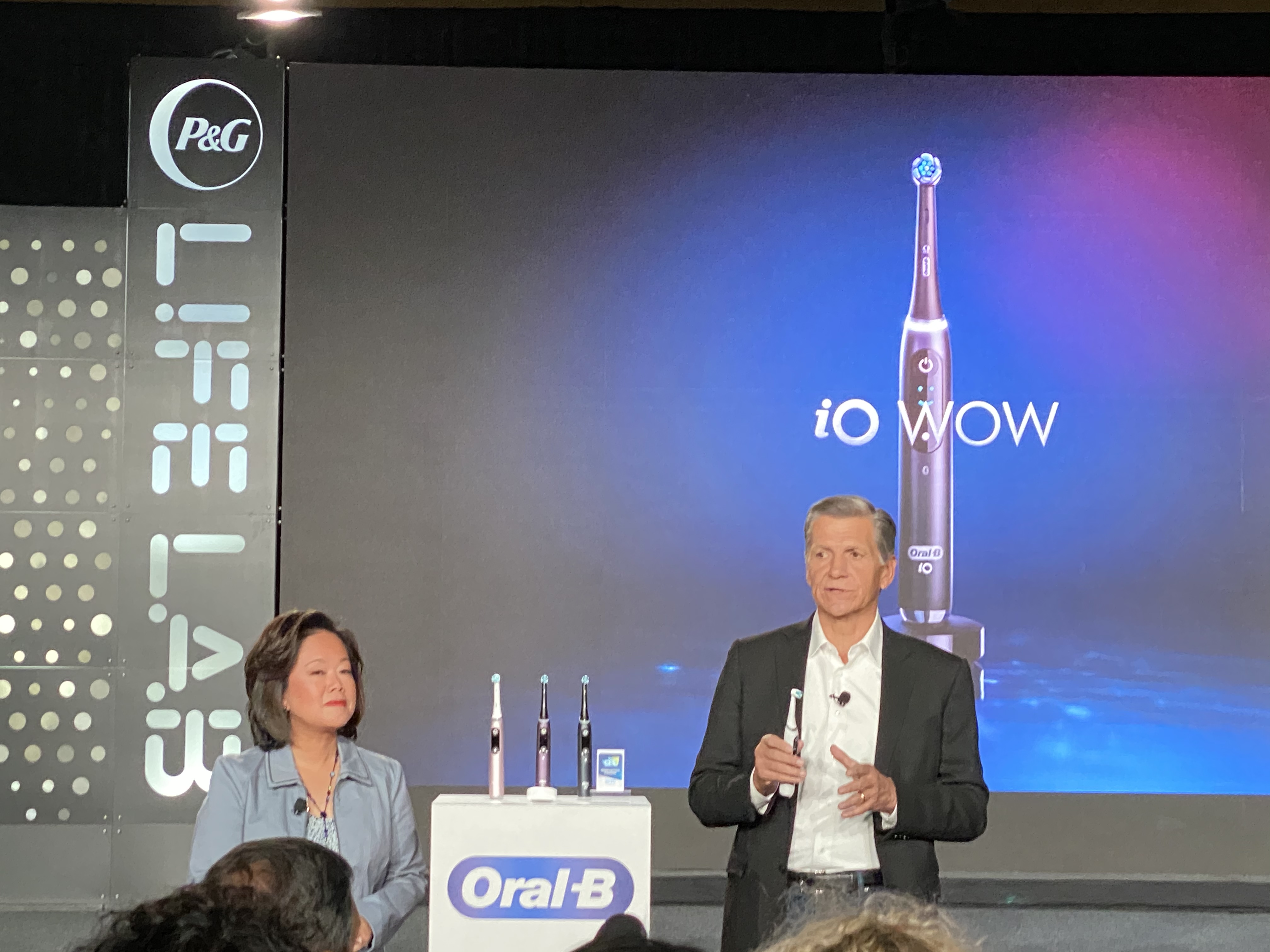 Marc Pritchard, chief brand officer, and Fama Francisco, CEO of baby and baby care products, show off the latest advancement from Oral-B at the CES 2020 show. 