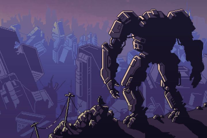 Un robot gigante parado sobre una ciudad en ruinas.