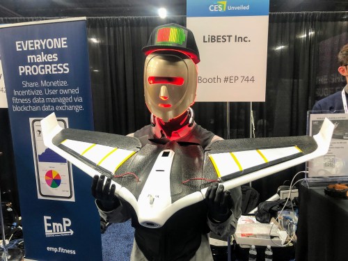 A mannequin with a creep mask holds a drone demonstrating flexible lithium-ion batteries at CES 2020 Unveiled