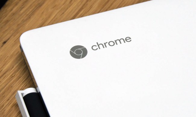 Close up of the Chrome logo on the top of a Chromebook.