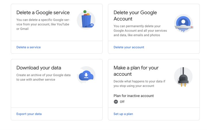 صفحه مدیریت حساب برای خدمات Google.