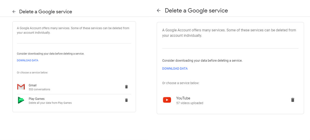 The Delete a Google Service page.