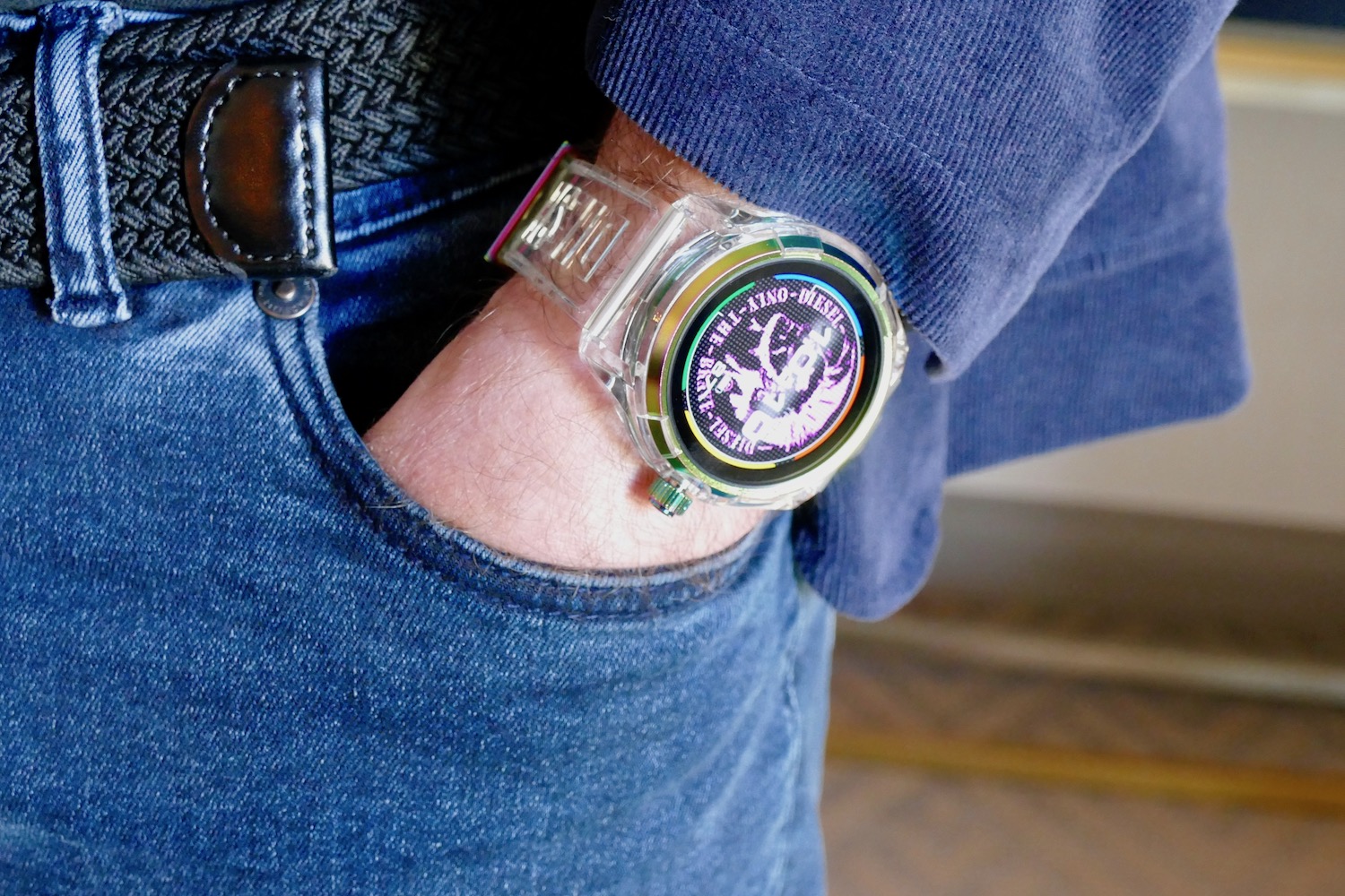 A person wearing the Diesel On Fadelite X Mad Dog Jones smartwatch.