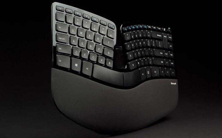 The Microsoft Sculpt Ergonomic keyboard in black.