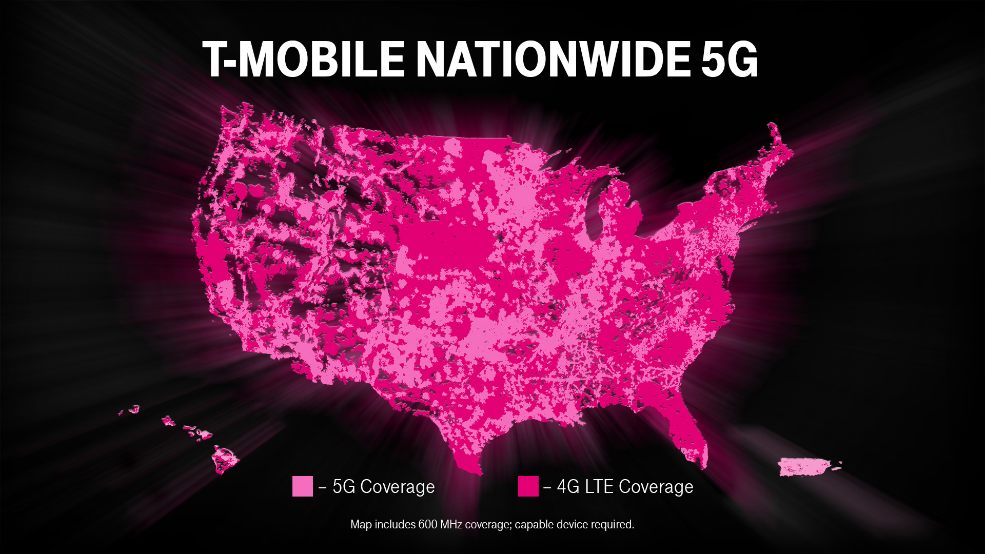 Mapa de cobertura 5G nacional da T-Mobile.