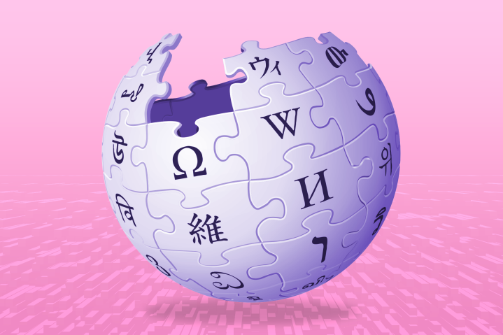 El logotipo de Wikipedia sobre un fondo rosa