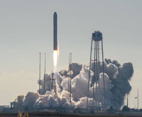 A Northrop Grumman Antares rocket, with Cygnus resupply spacecraft onboard, launches from Pad-0A of NASA's Wallops Flight Facility in Virginia Nov. 2, 2019.