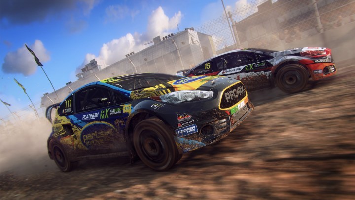 Dirt Rally 2 player racing through mud.