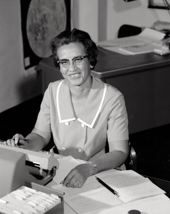 NASA research mathematician Katherine Johnson is photographed at her desk at Langley Research Center in 1966.