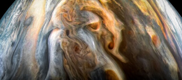 The JunoCam imager aboard NASA's Juno spacecraft captured this image of Jupiter's southern equatorial region on Sept. 1, 2017. The image is oriented so Jupiter's poles (not visible) run left-to-right of frame.