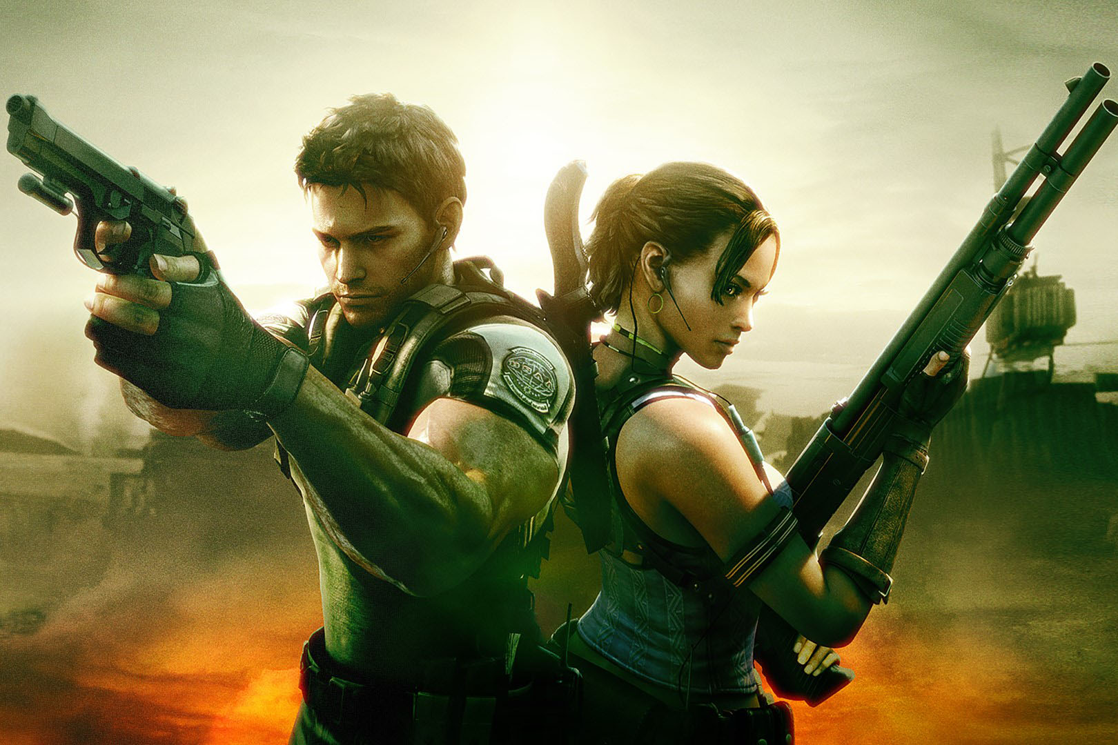 Os heróis de Resident Evil 5 estão de costas um para o outro.