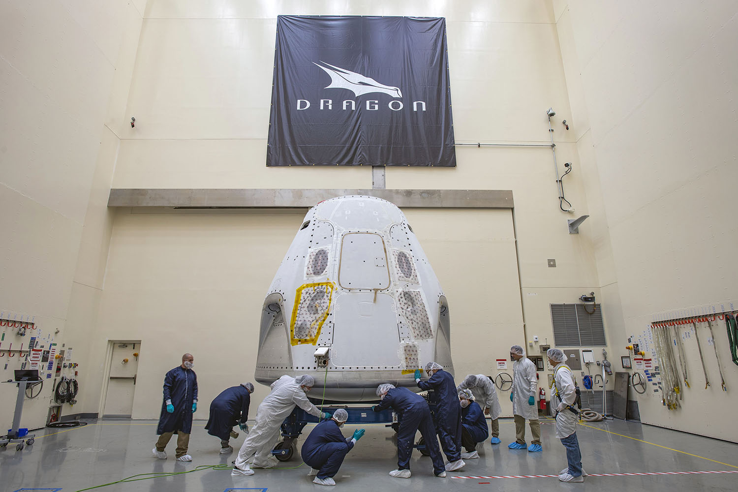 The SpaceX Crew Dragon spacecraft for Demo-2 arrived at the launch site on Feb. 13, 2020.