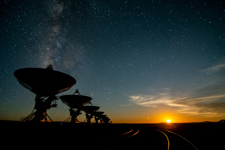 Moonset, around 2:30 a.m., at the Very Large Array on the Plains of San Agustin, about 50 miles west of Socorro, New Mexico. The VLA is teaming up with the SETI Institute to capture data that can be searched for intelligent signals.