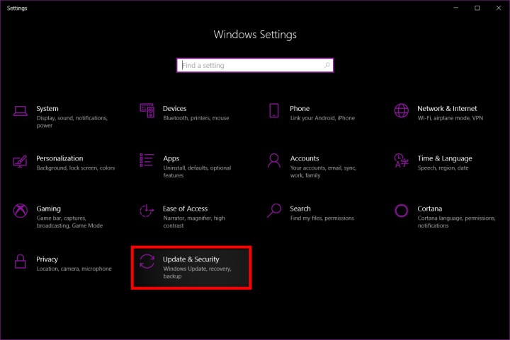 Windows update settings menu.