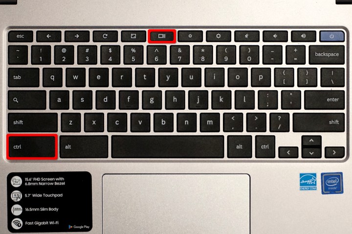 A Chromebook keyboard with two keys highlighted in red.