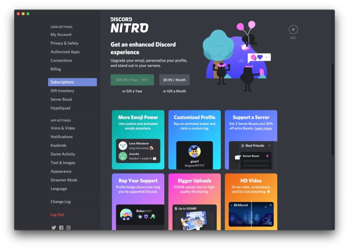 Discord Nitro subscription details.