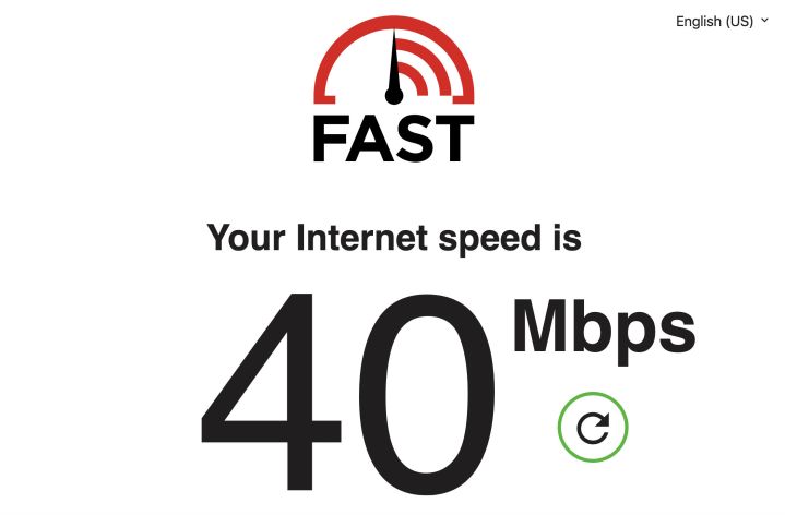Fast.com screenshot showing its simple internet speed test result page with the speed listed in large font.
