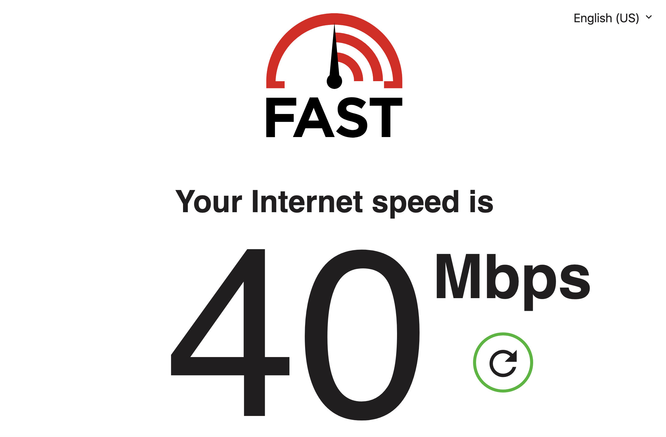 Fast.com screenshot showing its simple internet speed test result page with the speed listed in large font.