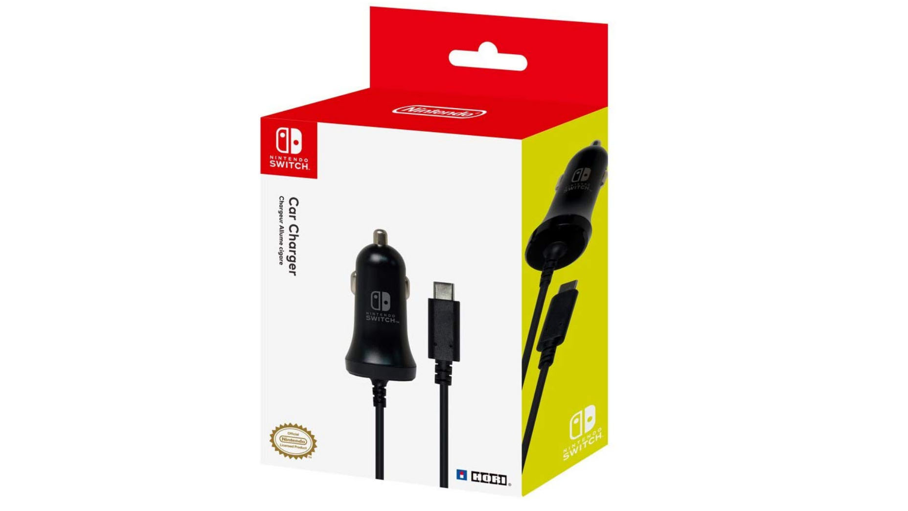 Outside of box view of Hori Switch Lite car charger.
