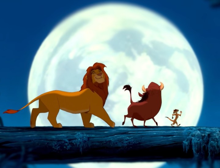 Simba, Pumba, and Timon in The Lion King.
