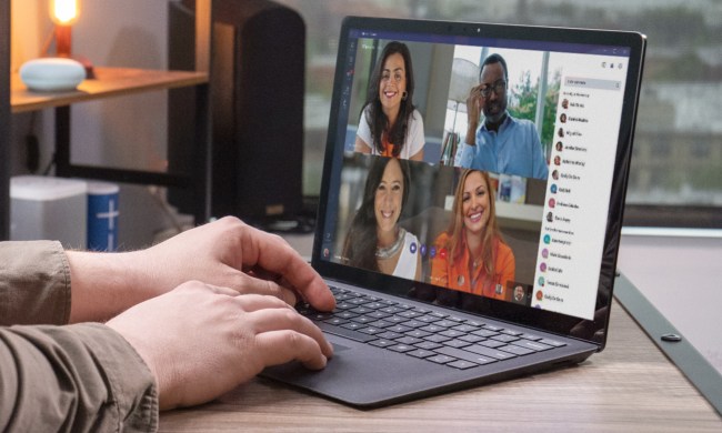 A close-up of someone using Microsoft Teams on a laptop for a videoconference.