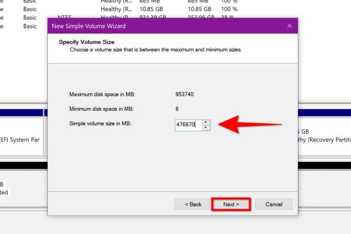 The New Simple Volume option in the Windows Disk Management tool.