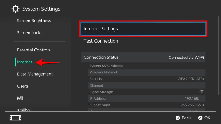 nintendo switch select internet settings