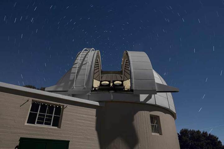 Two PANOSETI telescopes installed in the recently renovated Astrograph Dome at Lick Observatory. PANOSETI will utilize a configuration of many SETI telescopes to allow simultaneous monitoring of the entire observable sky.