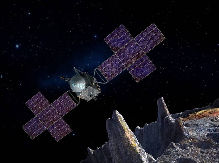 This artist's-concept illustration depicts the spacecraft of NASA's Psyche mission near the mission's target, the metal asteroid Psyche.