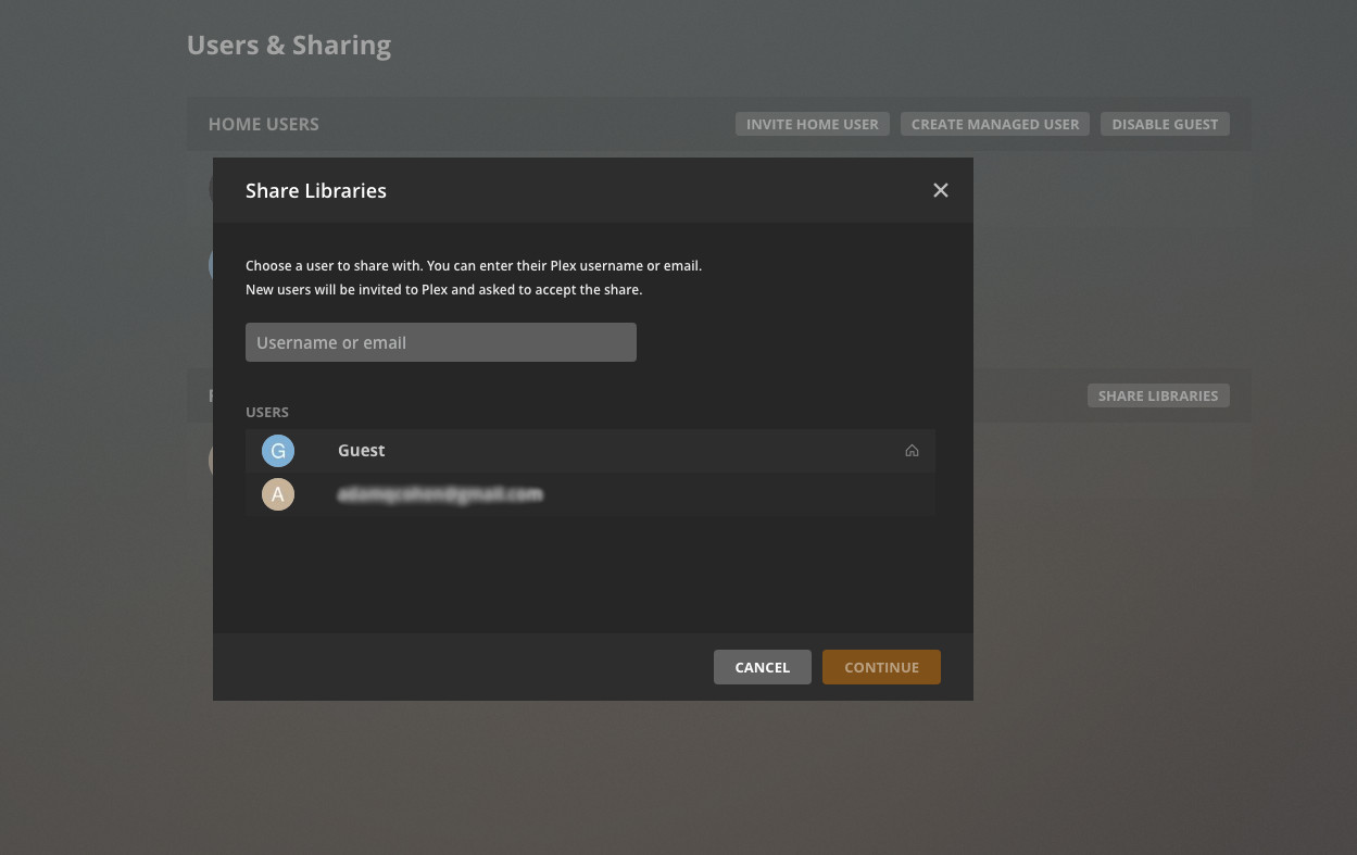 Plex add a shared user screen.