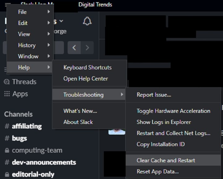 گزینه Slack Clear Cache.