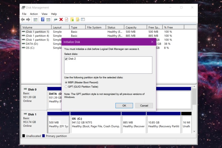 The Windows 10 Initialize Disk screen.