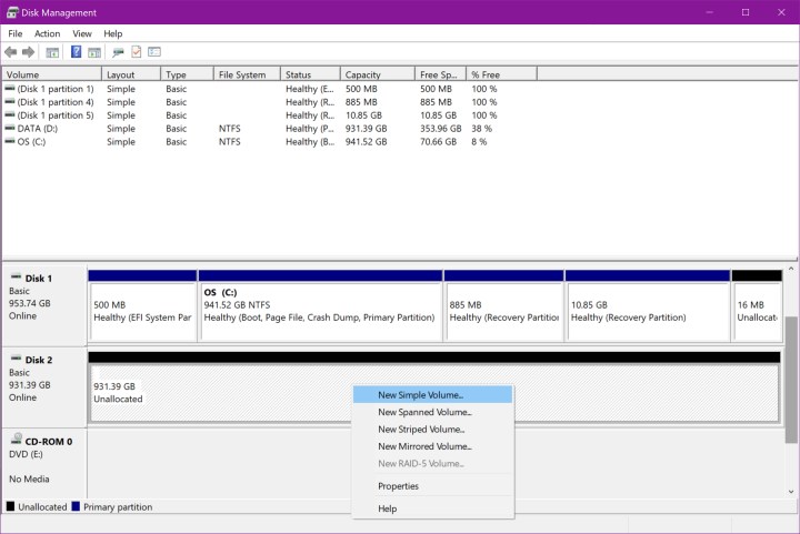 The Windows 10 New Simple Volume option in Disk Management.