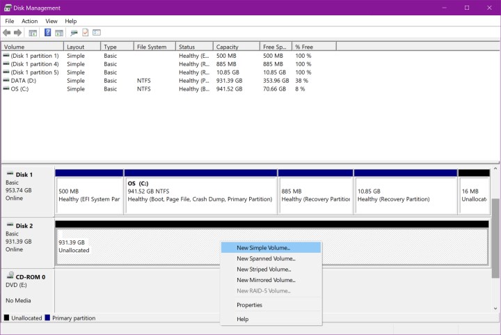 گزینه Windows 10 New Simple Volume در مدیریت دیسک.
