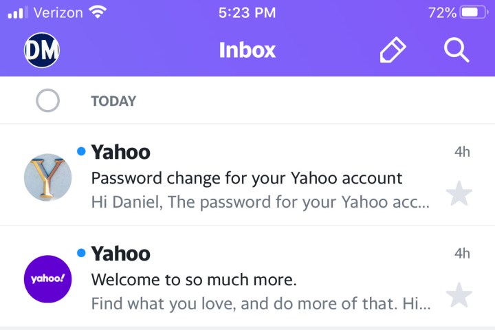 A Yahoo mobile email inbox.