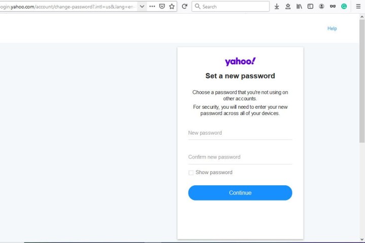 Yahoos Bildschirm zur Passworterstellung.