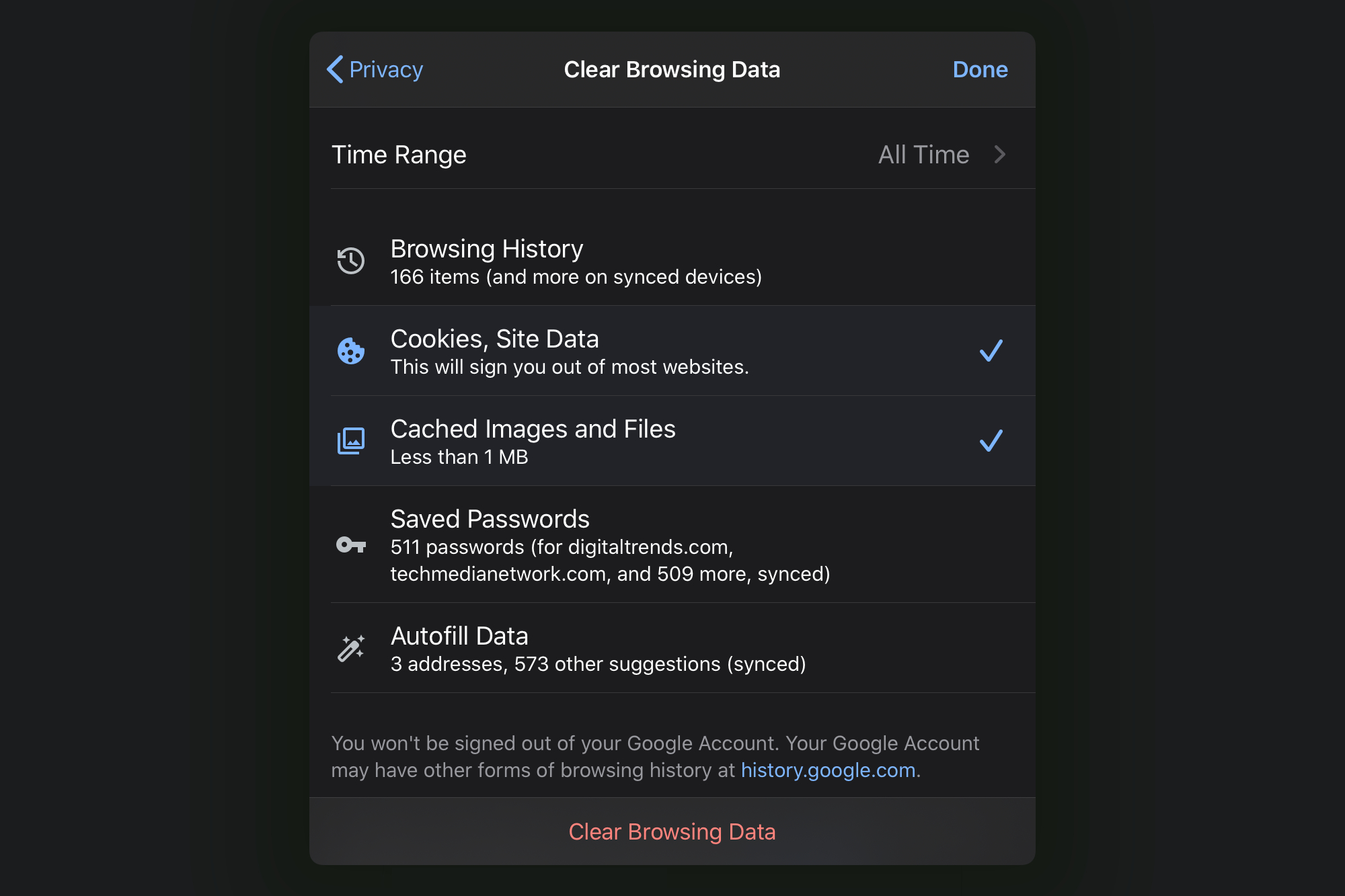 The Clear Browsing Data option on Chrome for iPadOS.