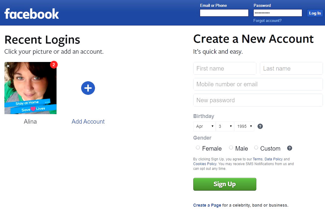 Alternative login pages on Facebook website.